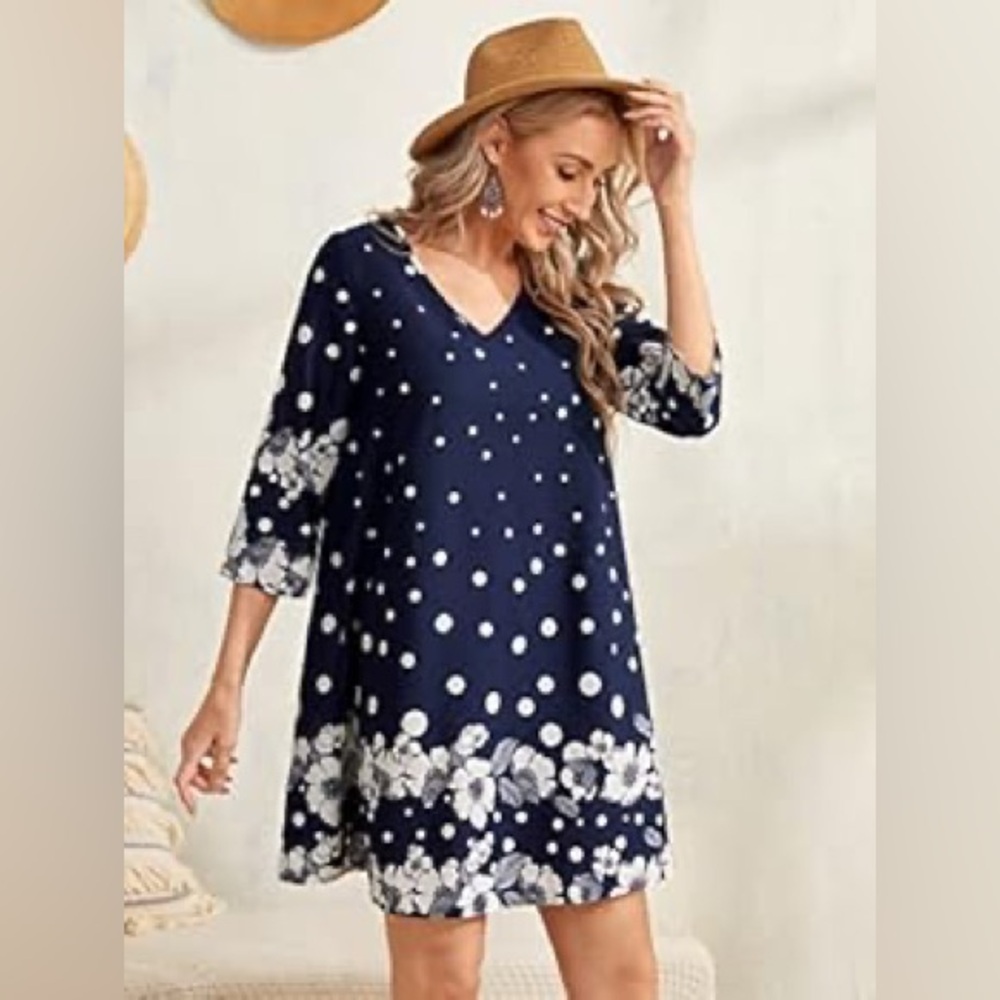 Navy Blue and White Polka Dot and Floral Print Tunic Dress - Picture 2 of 8